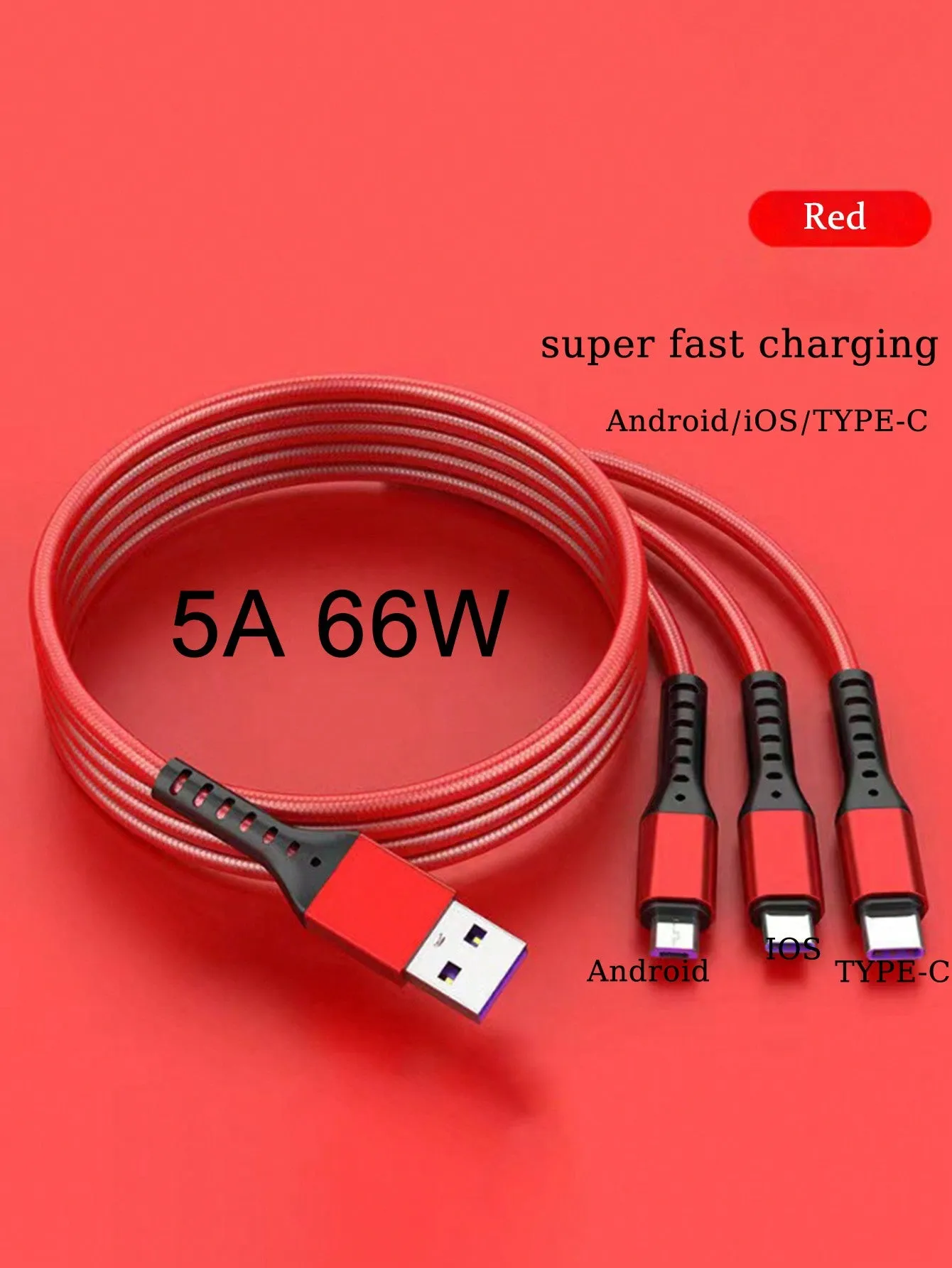 1 Pc 5A 66W 3-In-1 Super Fast Charging Woven Data Cable, Suitable For Mainstream Brand Devices Such As Huawei/Xiaomi/Samsung/OPPO.