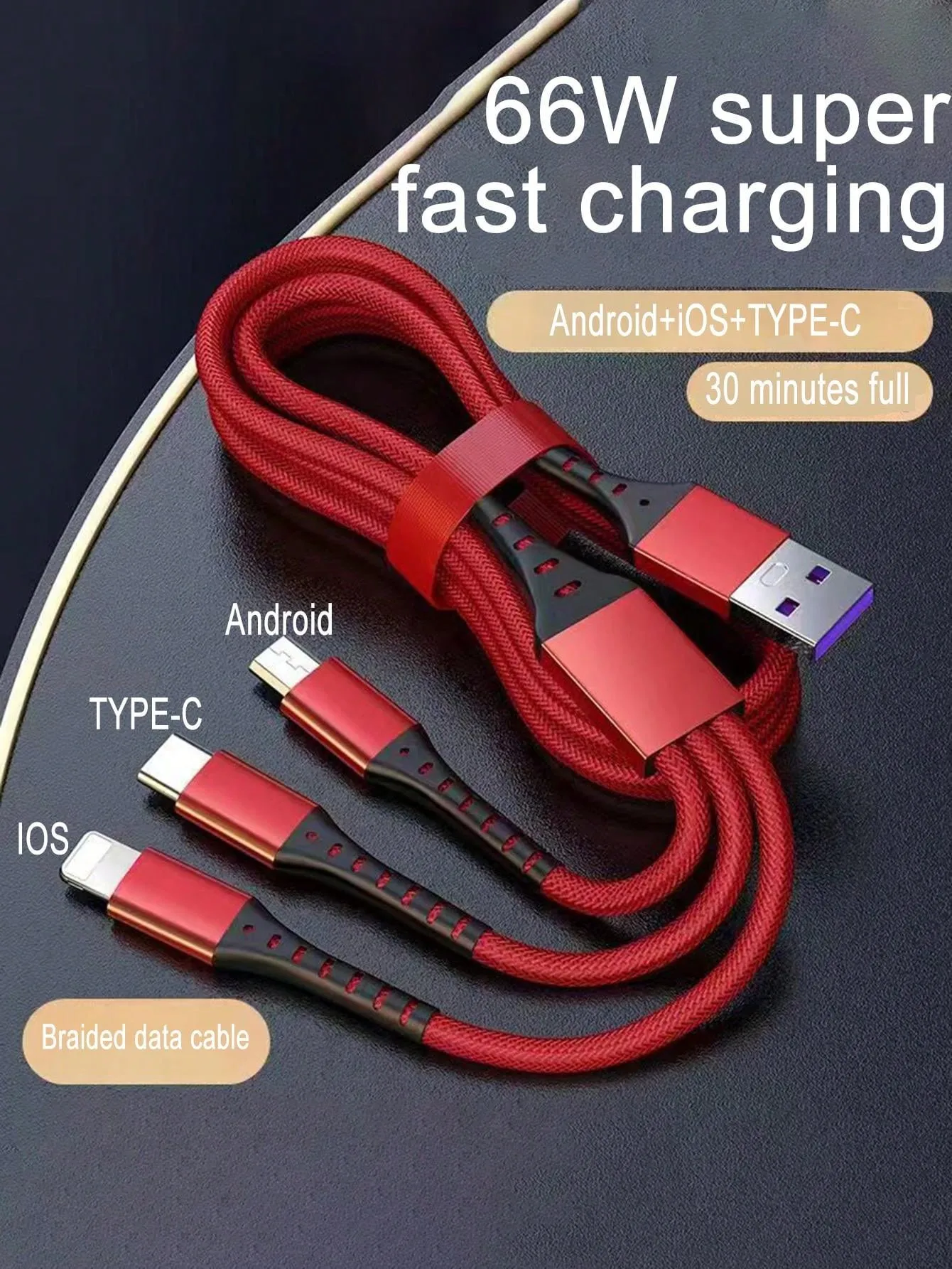 1 Pc 5A 66W 3-In-1 Super Fast Charging Woven Data Cable, Suitable For Mainstream Brand Devices Such As Huawei/Xiaomi/Samsung/OPPO.