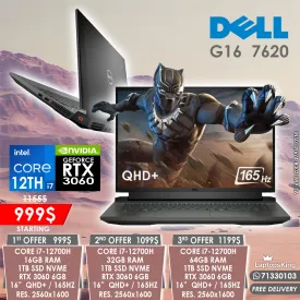 Dell G16 7620 INS0139674-R0021899-SA Core i7-12700h Rtx 3060 165hz Qhd  16" Gaming Laptops (New OB)