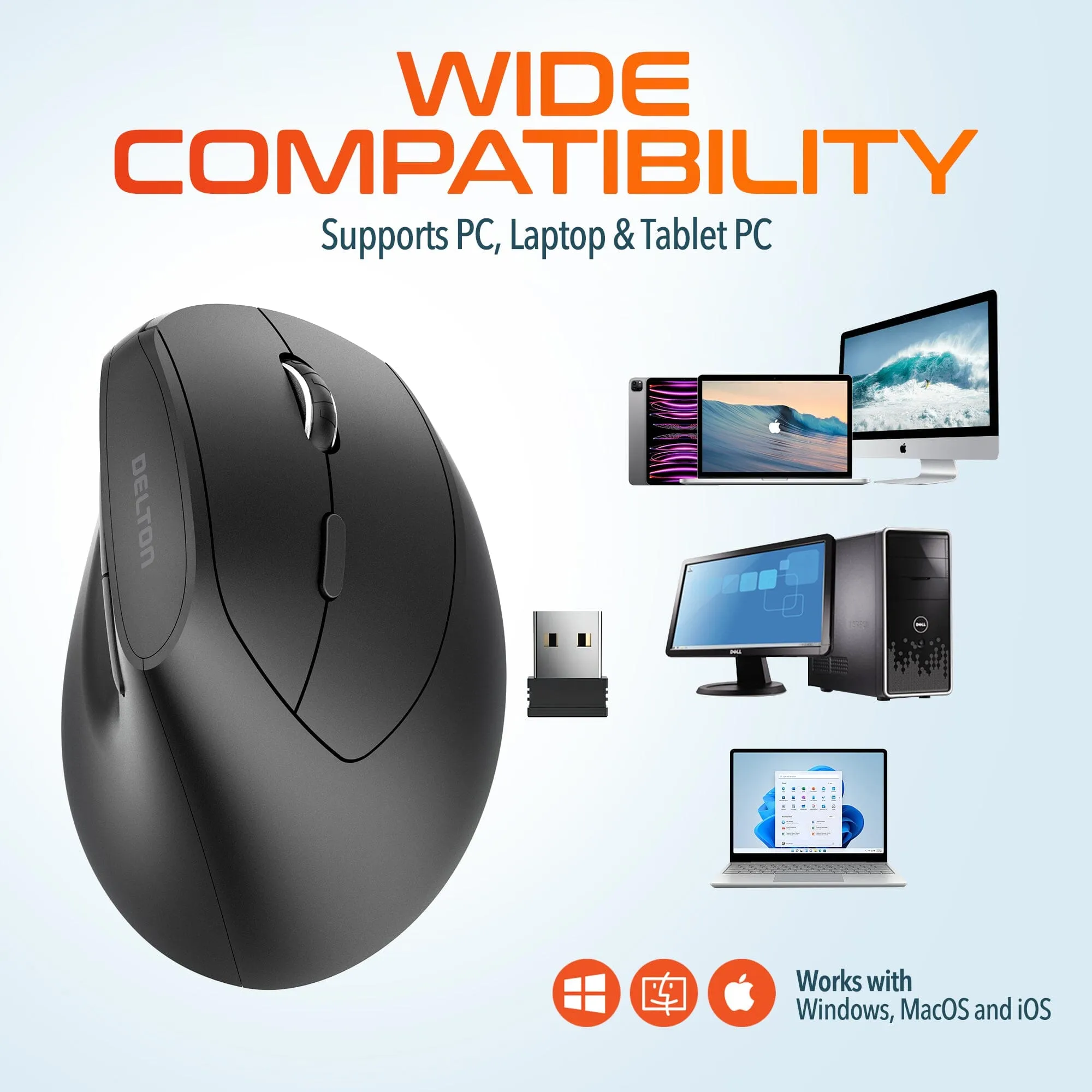 Delton S12Pro Ergonomic Wireless Mouse Vertical Computer Mouse Wireless with Auto Pair USB Dongle