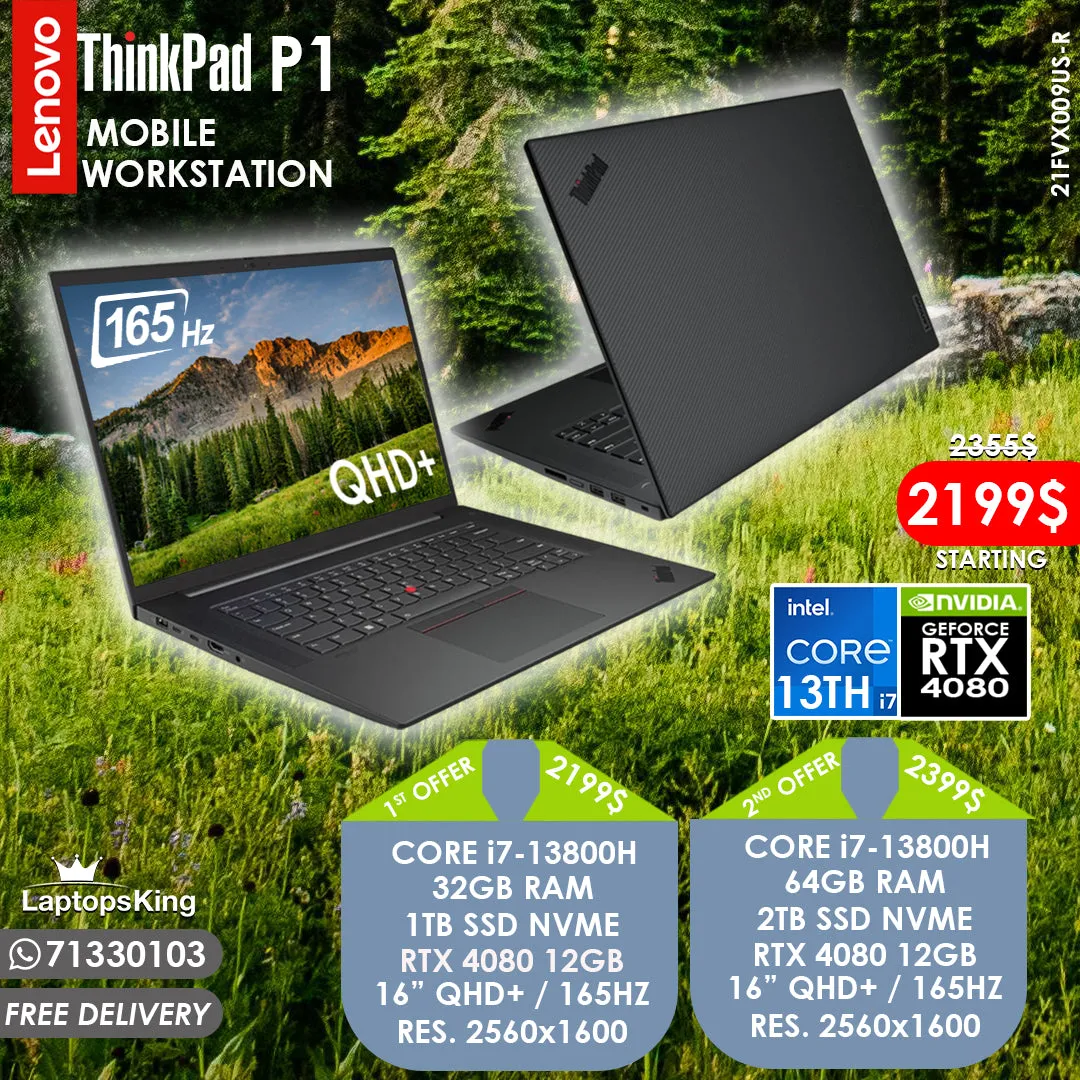 Lenovo Thinkpad P1 21FVX009US-R Core i7-13800h Rtx 4080 165hz Qhd  Mobile Workstation Laptops (New OB)