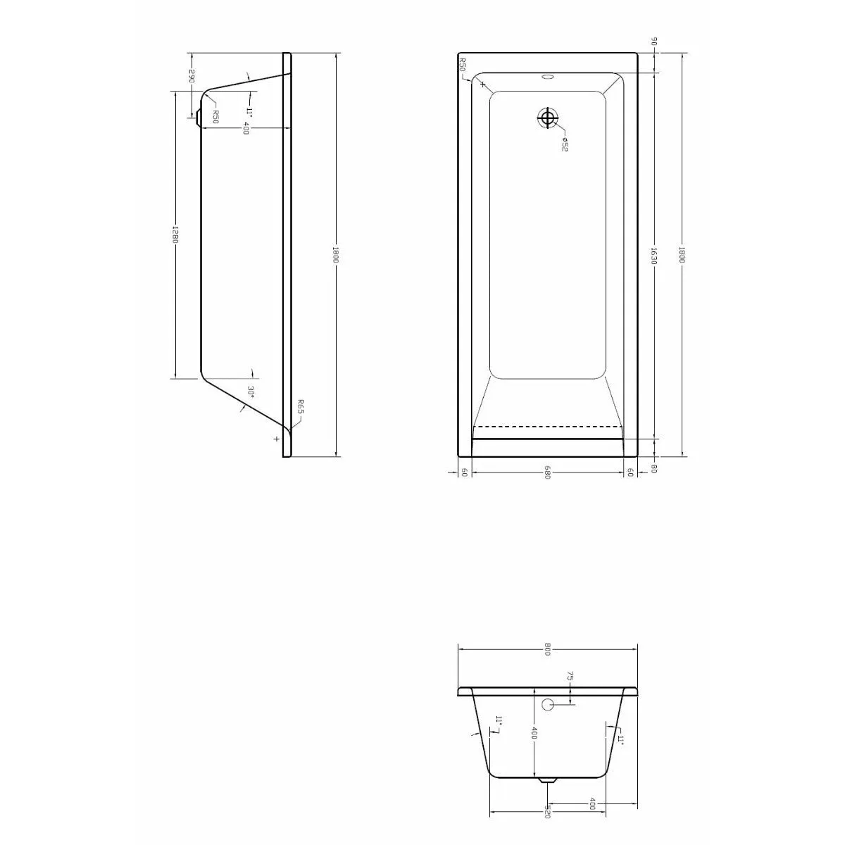 Medici Square Single-Ended Straight Bath - Euro Look