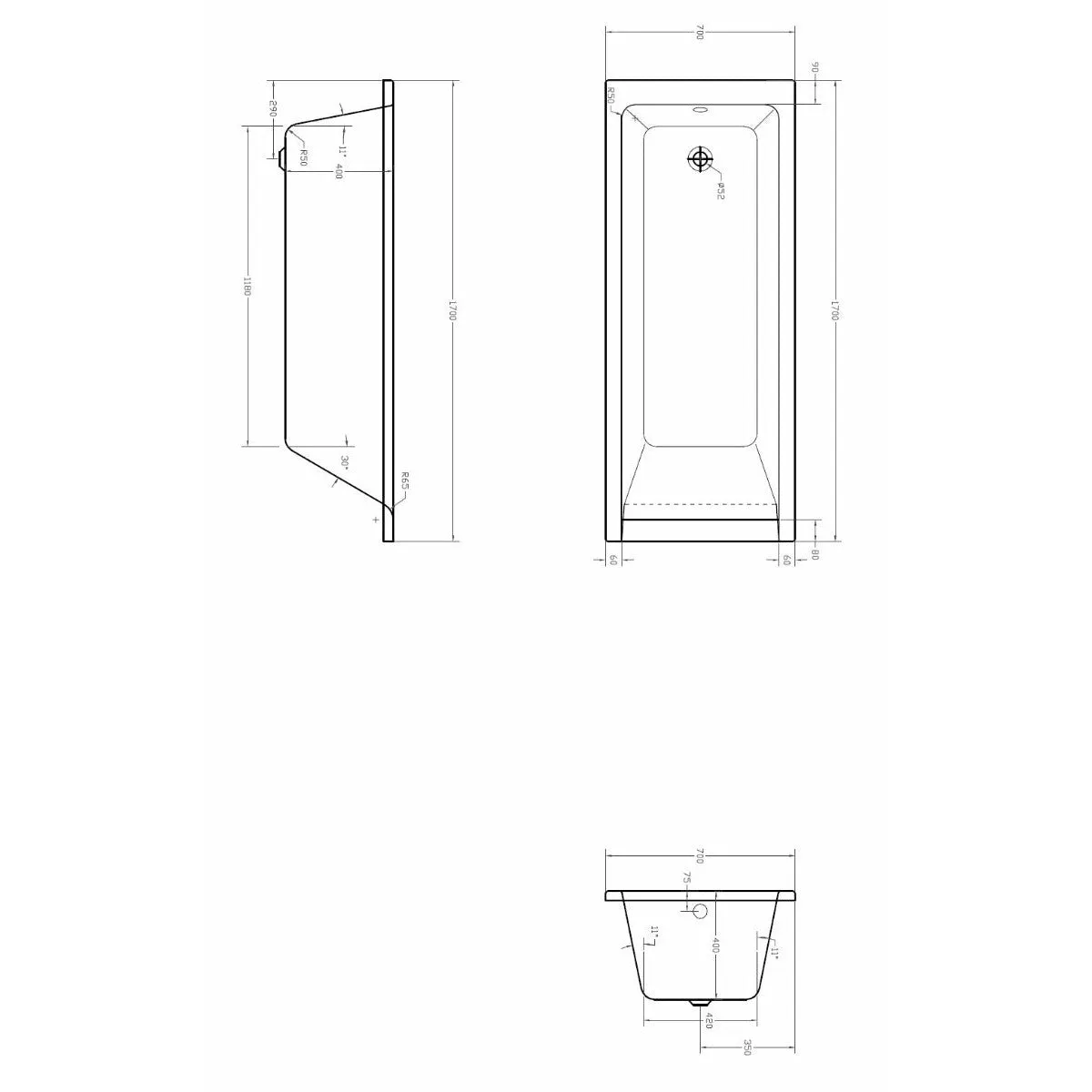 Medici Square Single-Ended Straight Bath - Euro Look