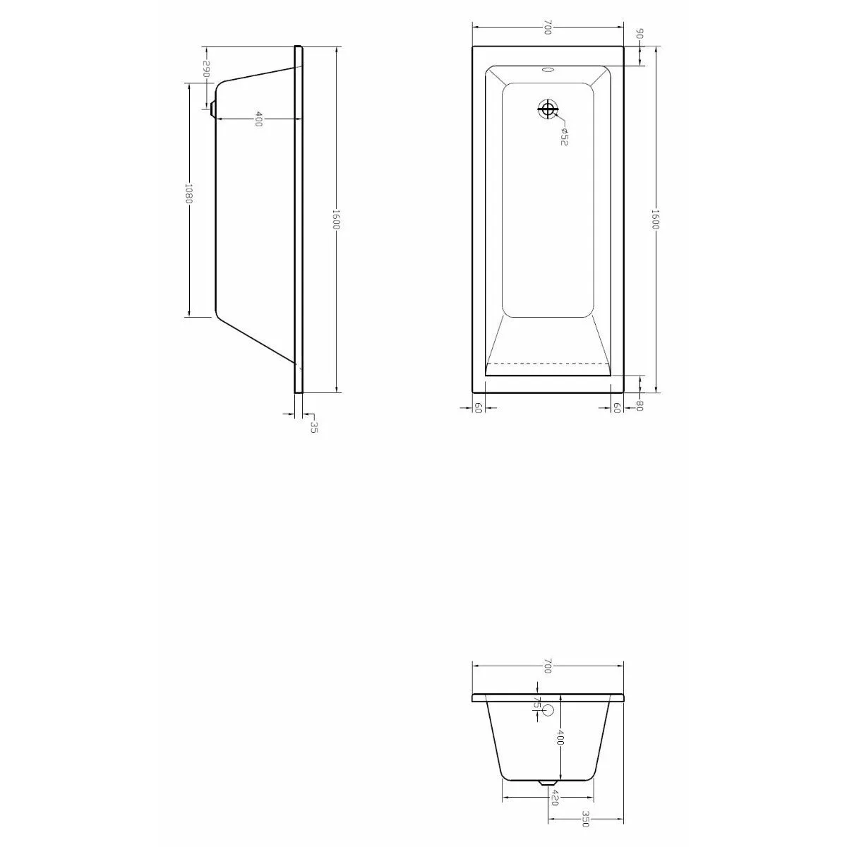 Medici Square Single-Ended Straight Bath - Euro Look