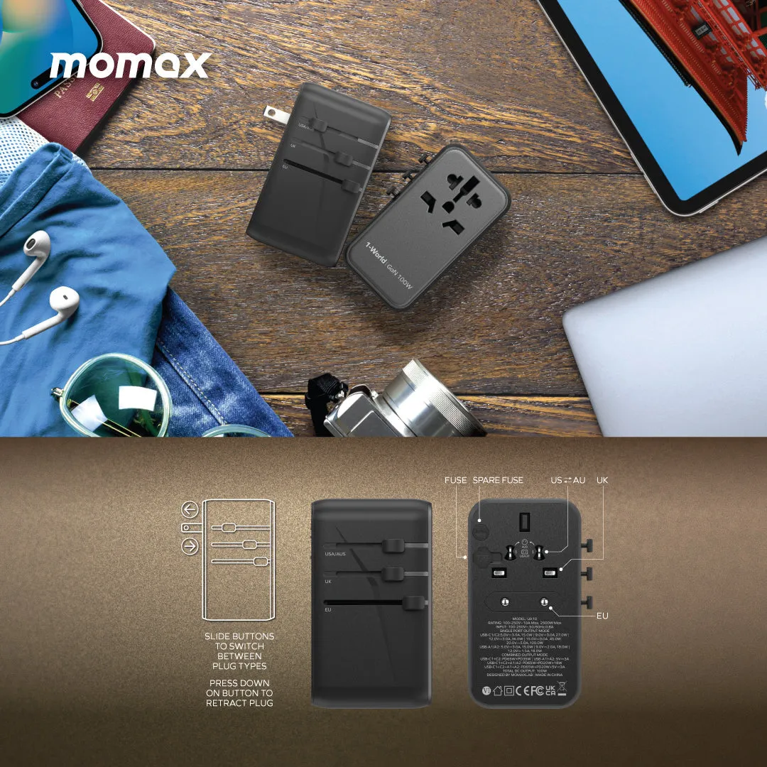 MOMAX 1-World PD 100W GaN 4-Port   AC Charger Universal Travel Adapter