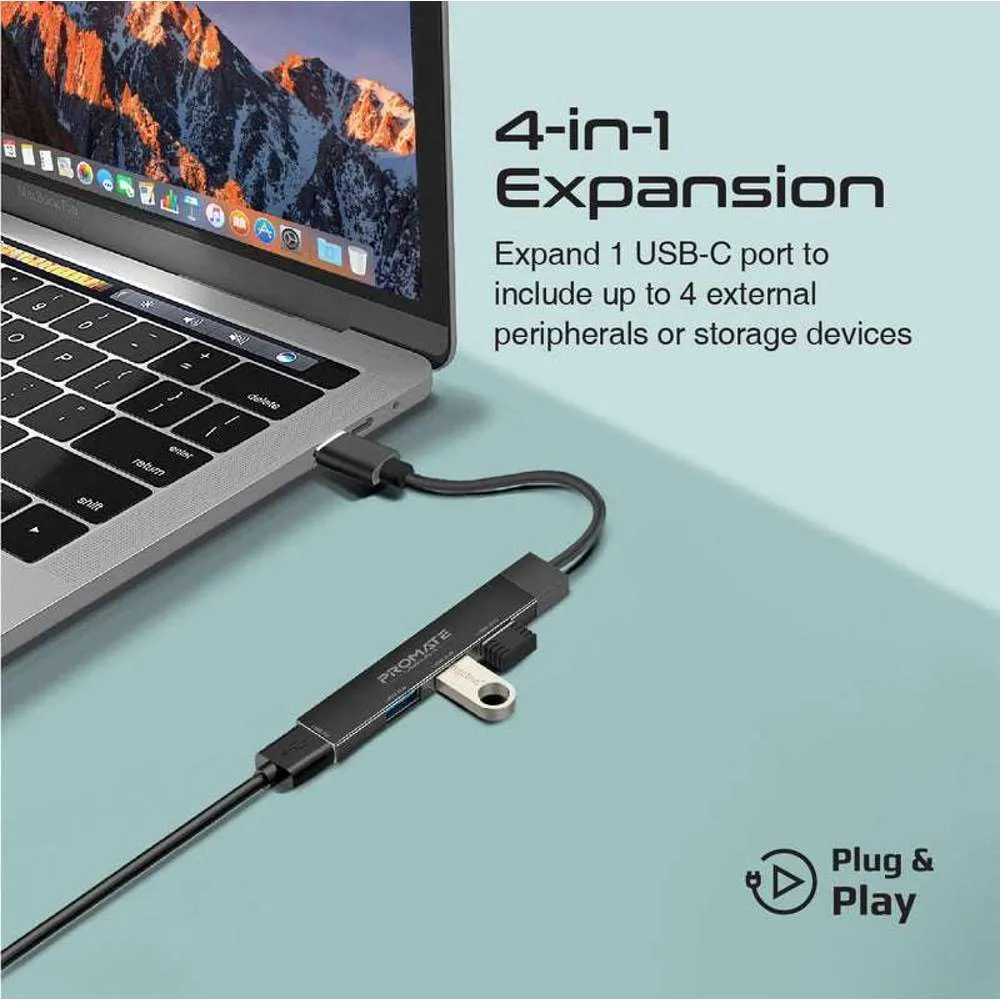 Promate USB-C Hub 4 USB Ports USB-C to USB-A Adapter Included Black