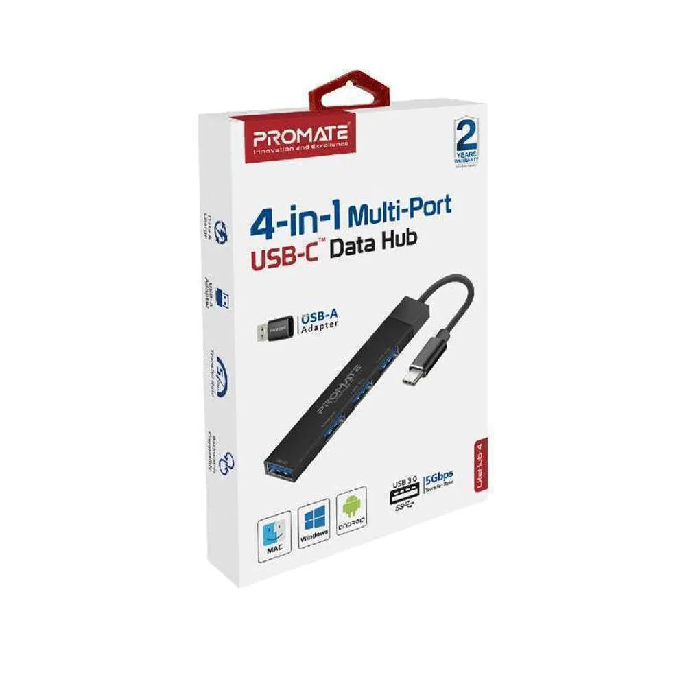 Promate USB-C Hub 4 USB Ports USB-C to USB-A Adapter Included Black