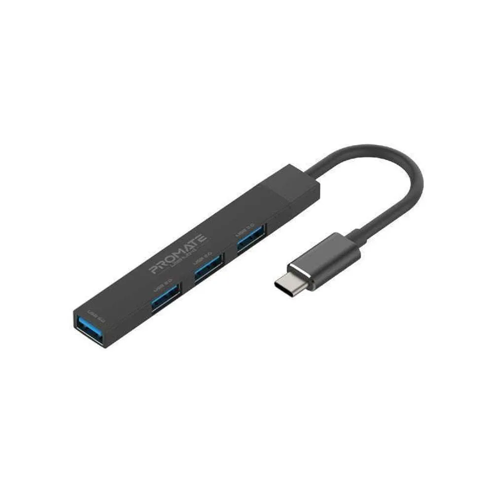 Promate USB-C Hub 4 USB Ports USB-C to USB-A Adapter Included Black