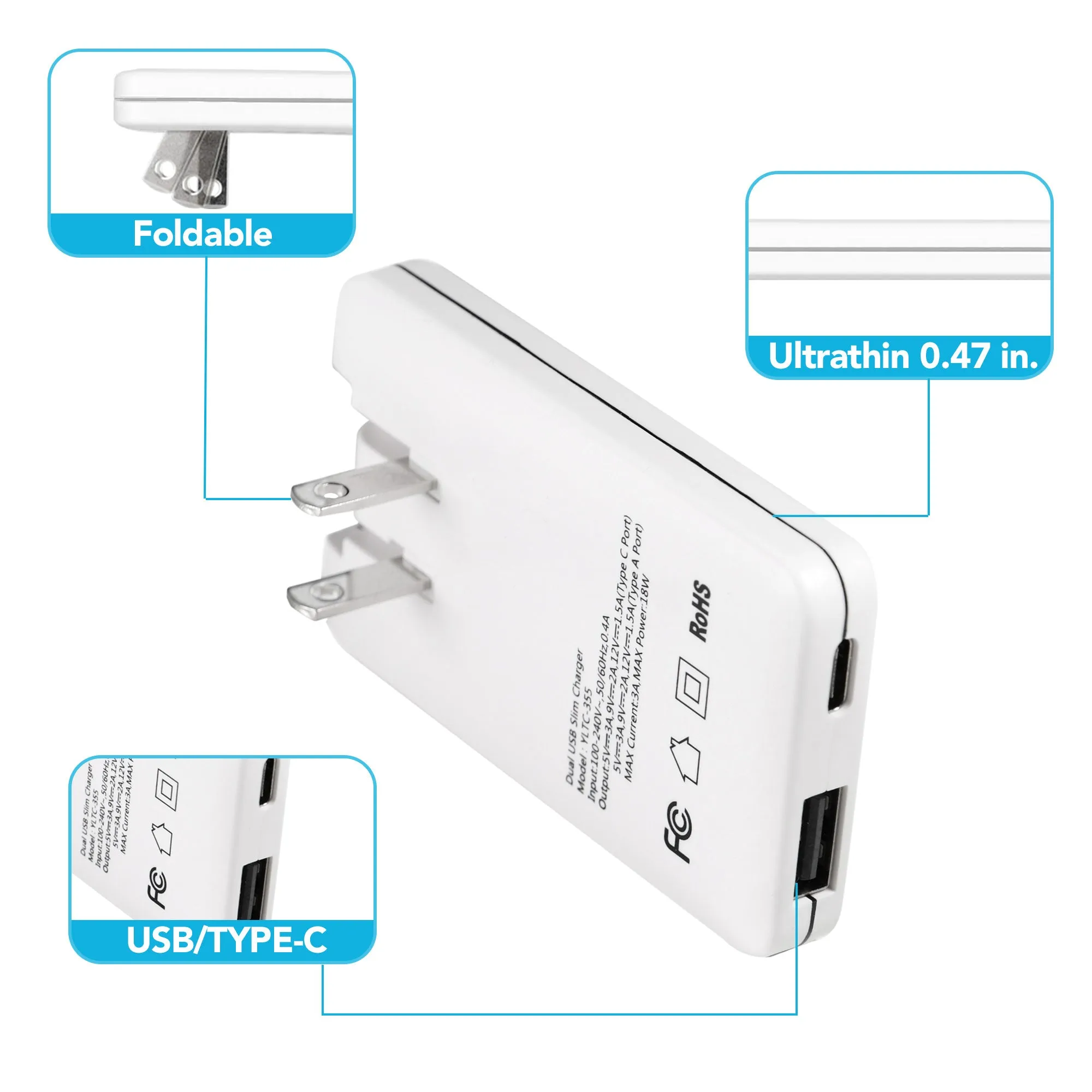 Top-Up Ultra-Slim 18W Flat Dual Port USB Charger